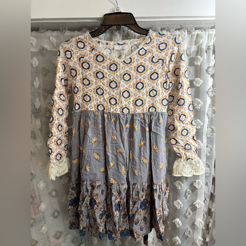 Matilda Jane Cream, Gray, Navy & Yellow Mixed-Print Girls' Dress